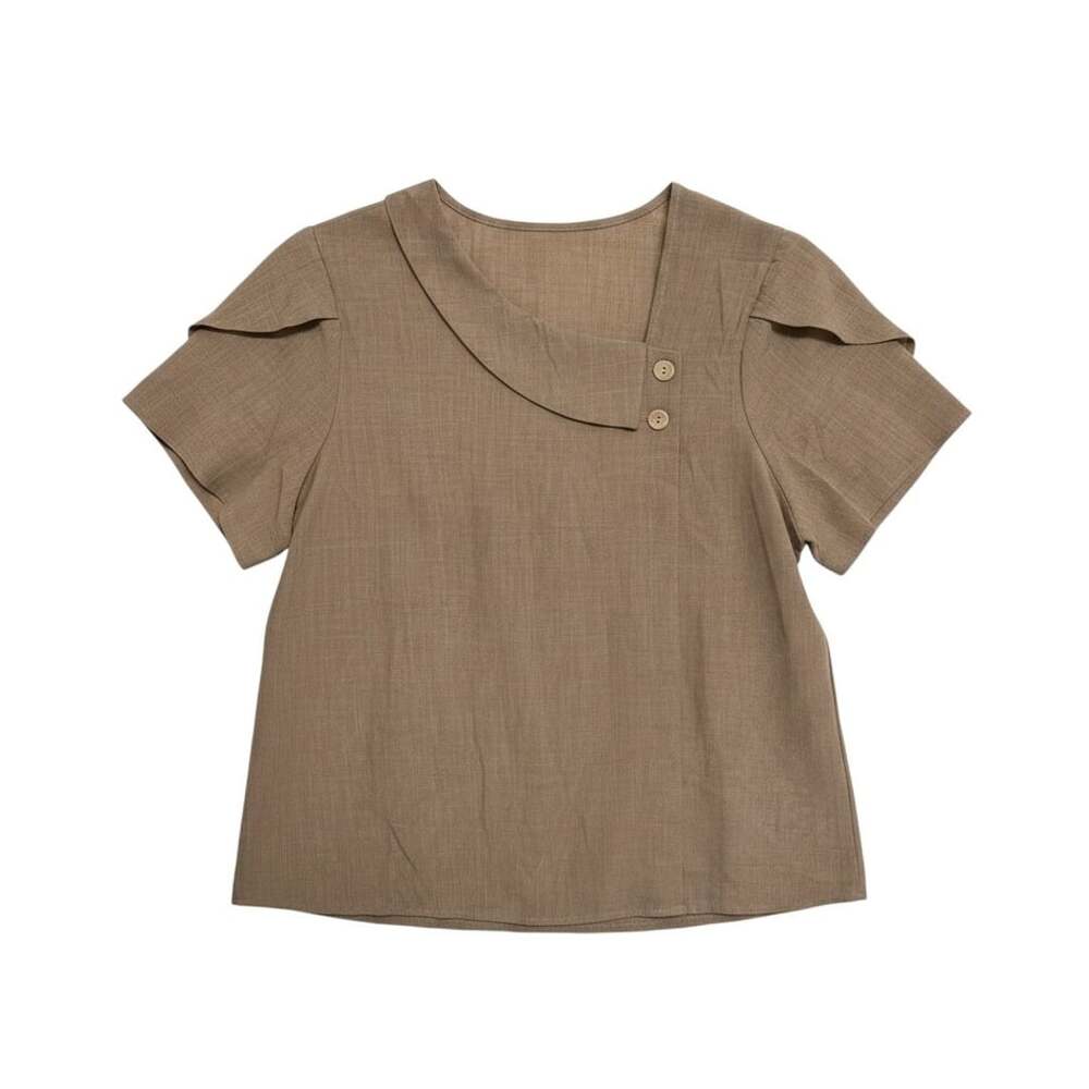 Womens Asymmetrical Neck Blouse Puff Short Sleeve, polyester 1XL:0121